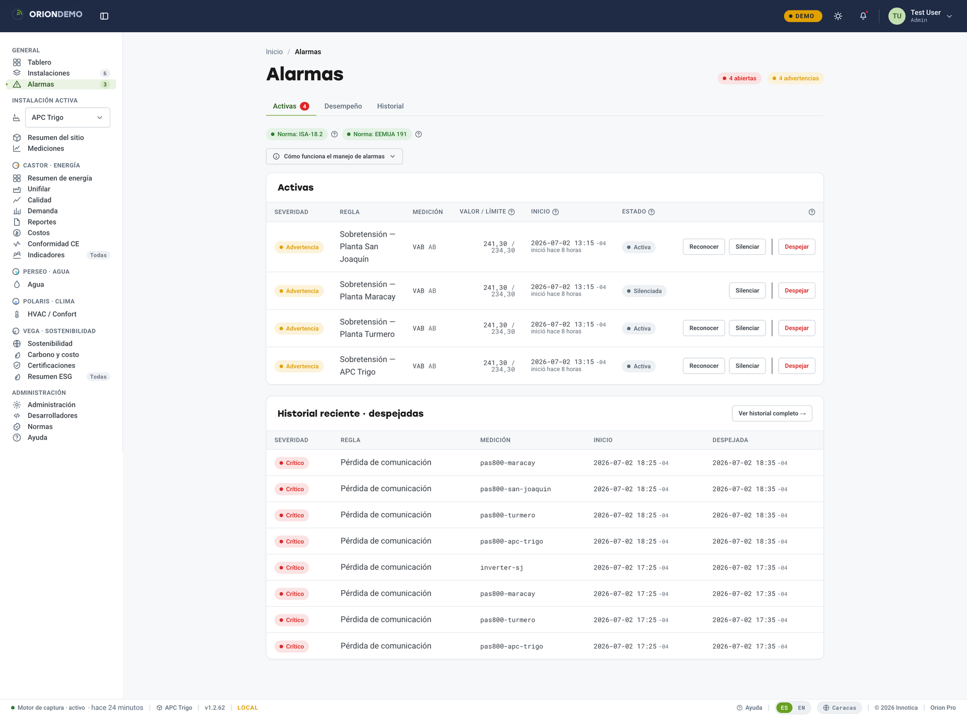 Alarm management with lifecycle and event log.