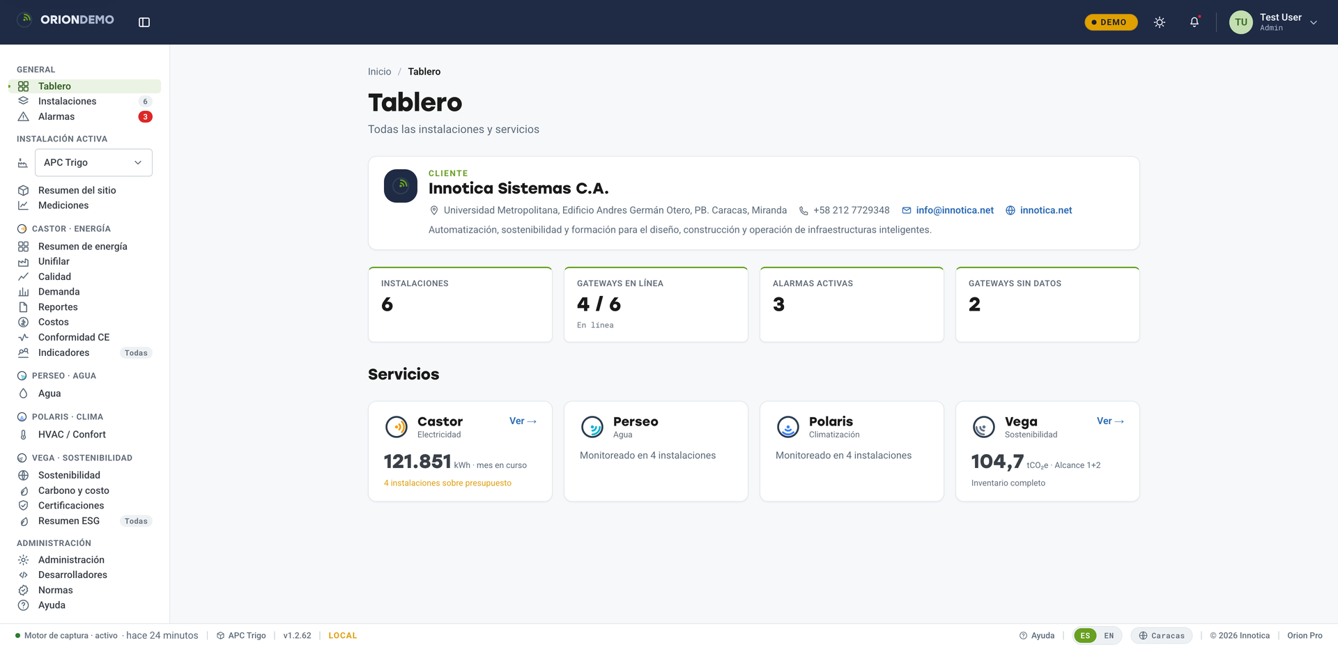 Multi-site dashboard: facilities, gateways online and active alarms.