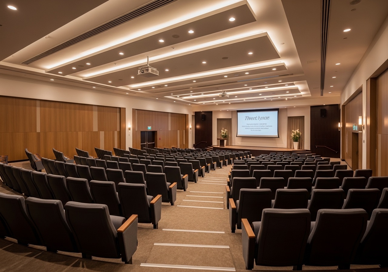 Auditorio corporativo moderno con iluminación ambiental
