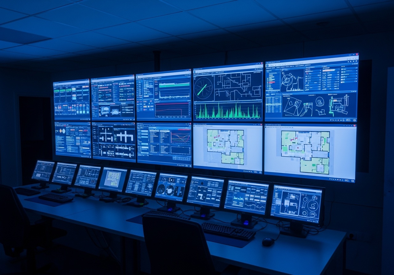Sala de control BMS con pantallas de monitoreo