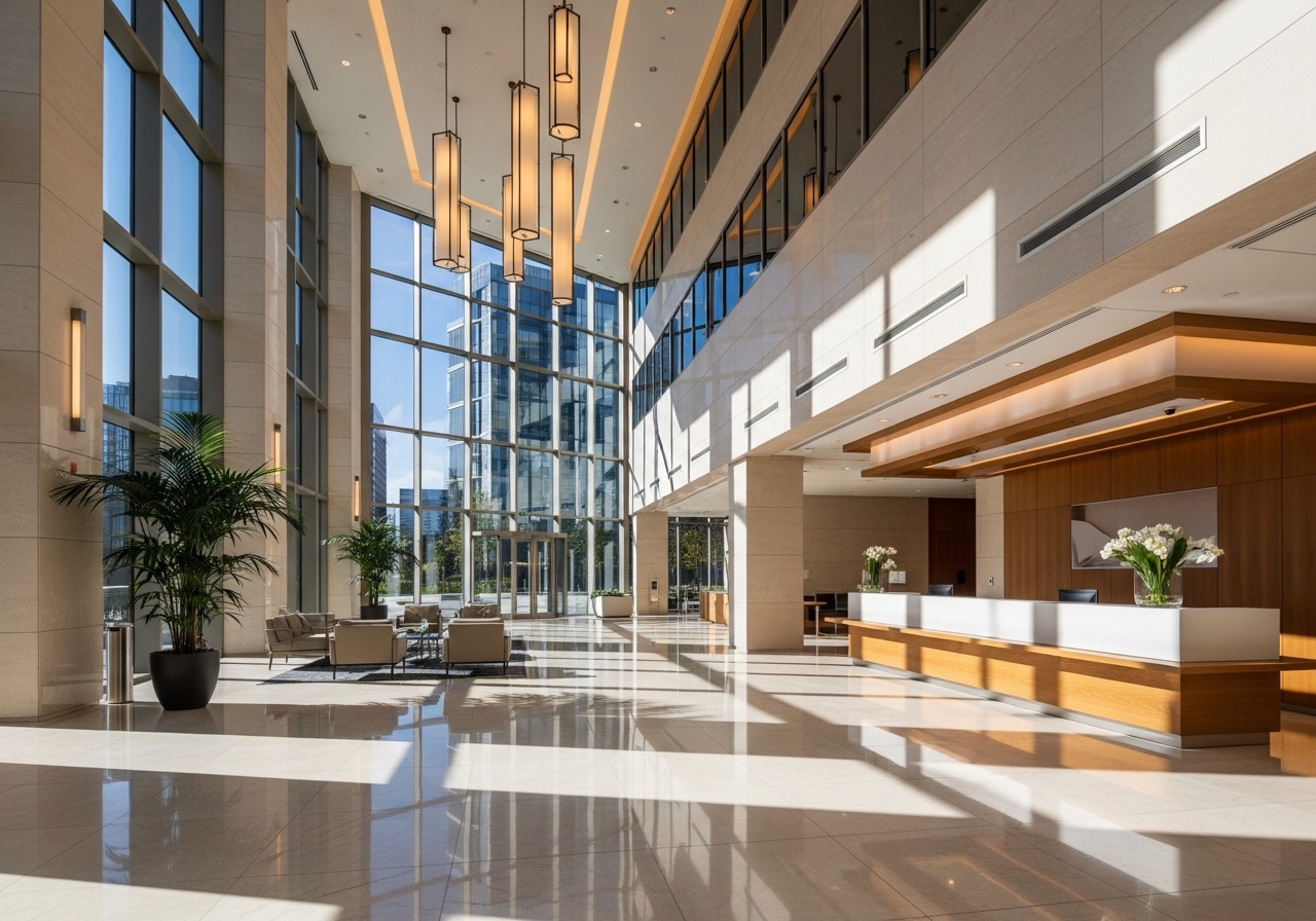 Lobby corporativo moderno con iluminación natural