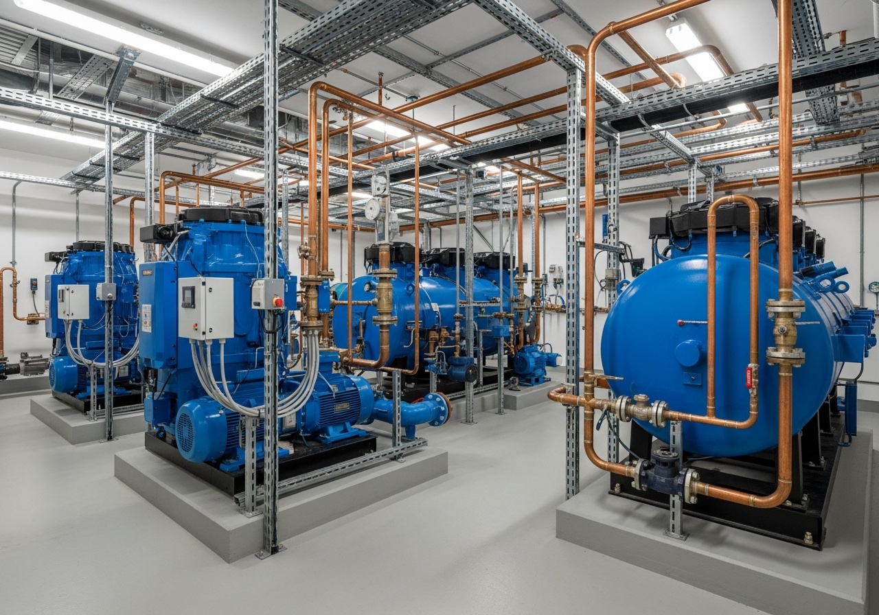 Cuarto mecánico con chillers y sistemas de bombeo