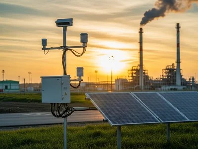 Estación de monitoreo ambiental con paneles solares cerca de planta de gas
