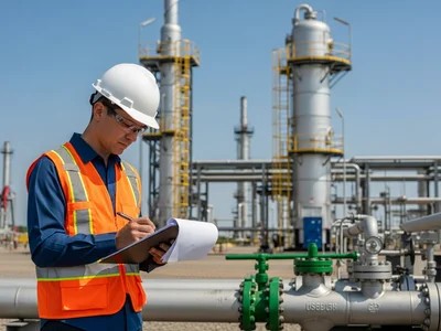 Auditor ambiental revisando cumplimiento en facilidad petrolera