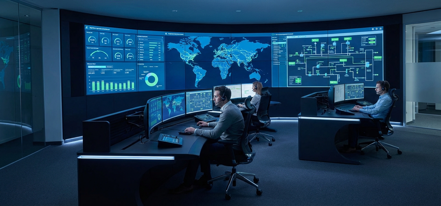 Centro de control moderno con videowall y operadores monitoreando dashboards en tiempo real