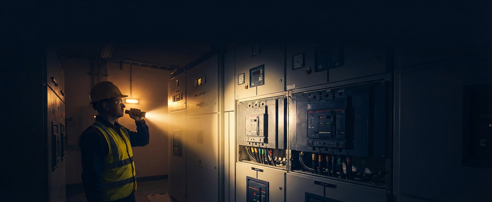 Técnico inspeccionando panel eléctrico con linterna en subestación oscura
