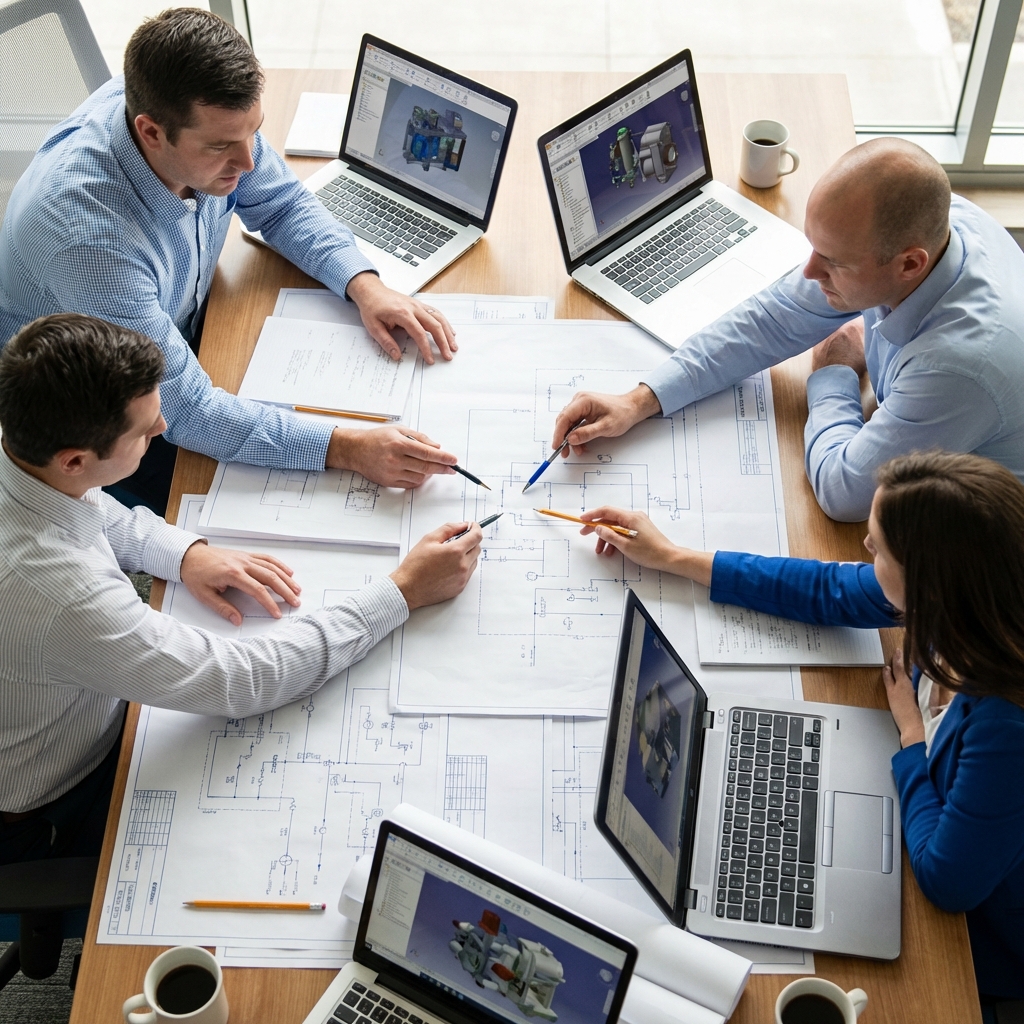 Equipo de ingeniería revisando informe