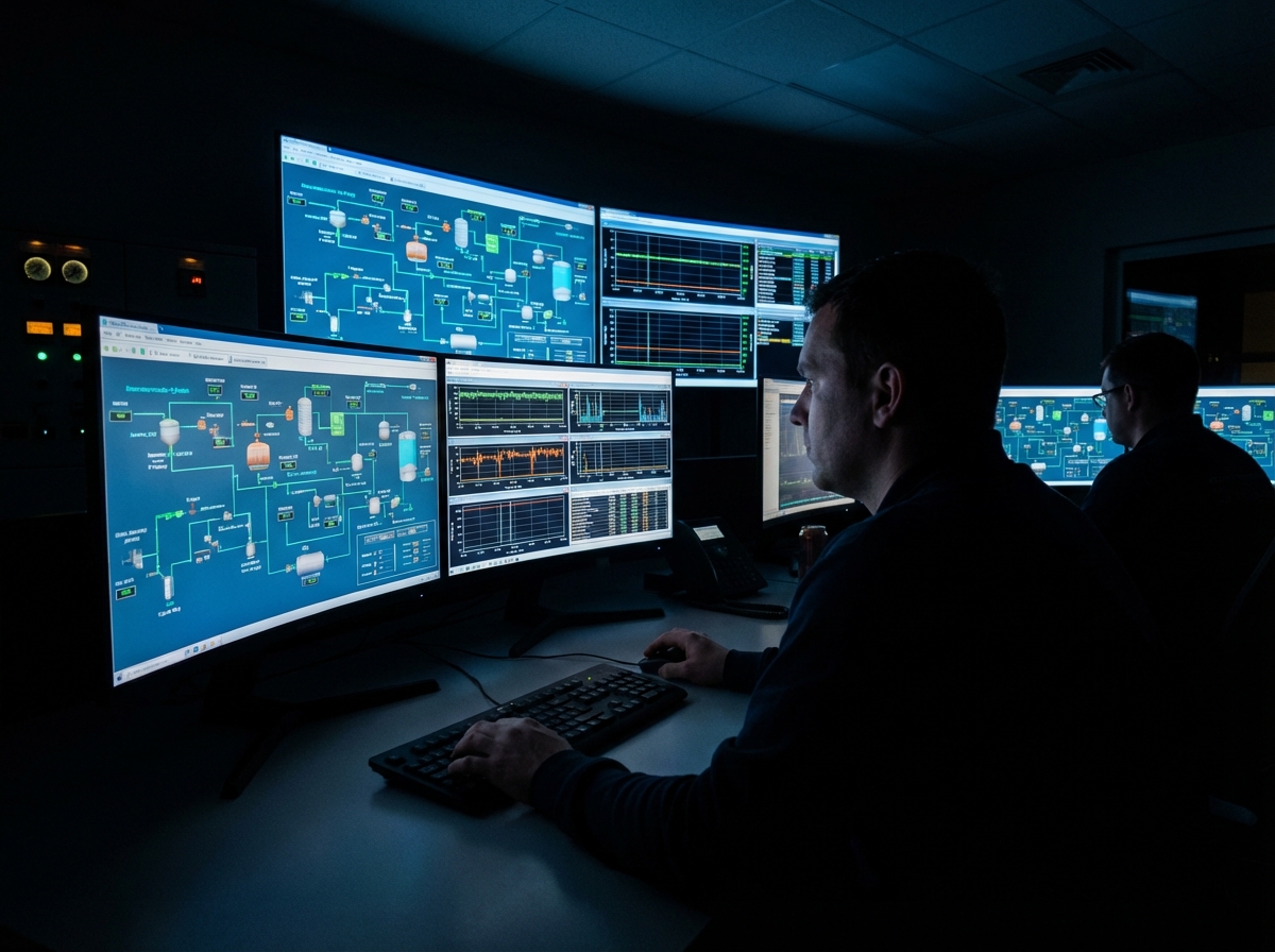 Sala de control con múltiples pantallas SCADA