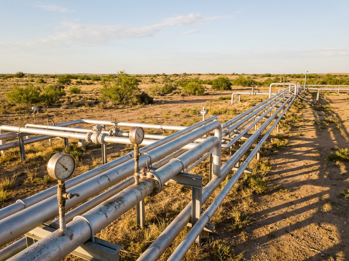 Red de tuberías industriales en campo petrolero