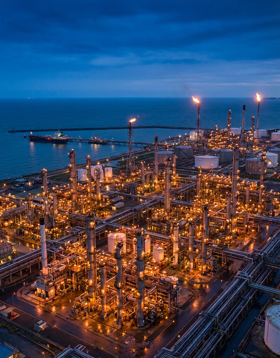 Vista aérea de refinería iluminada al atardecer