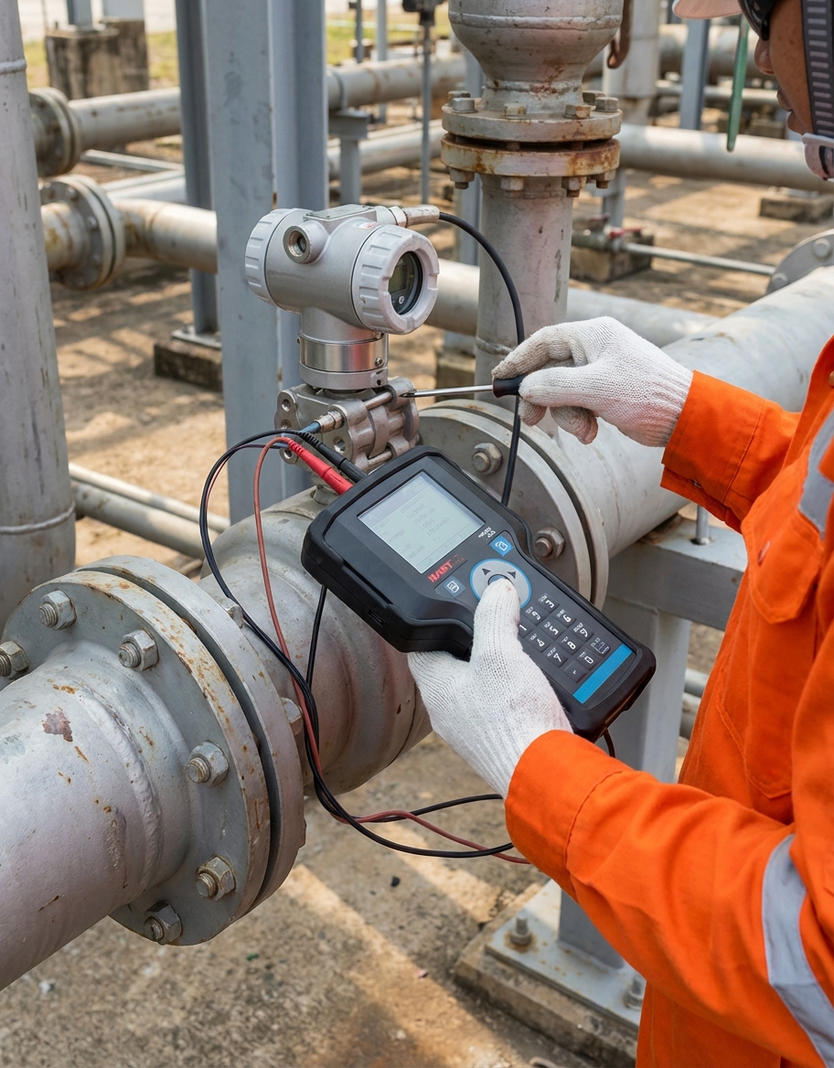 Técnico calibrando transmisor de presión con comunicador HART