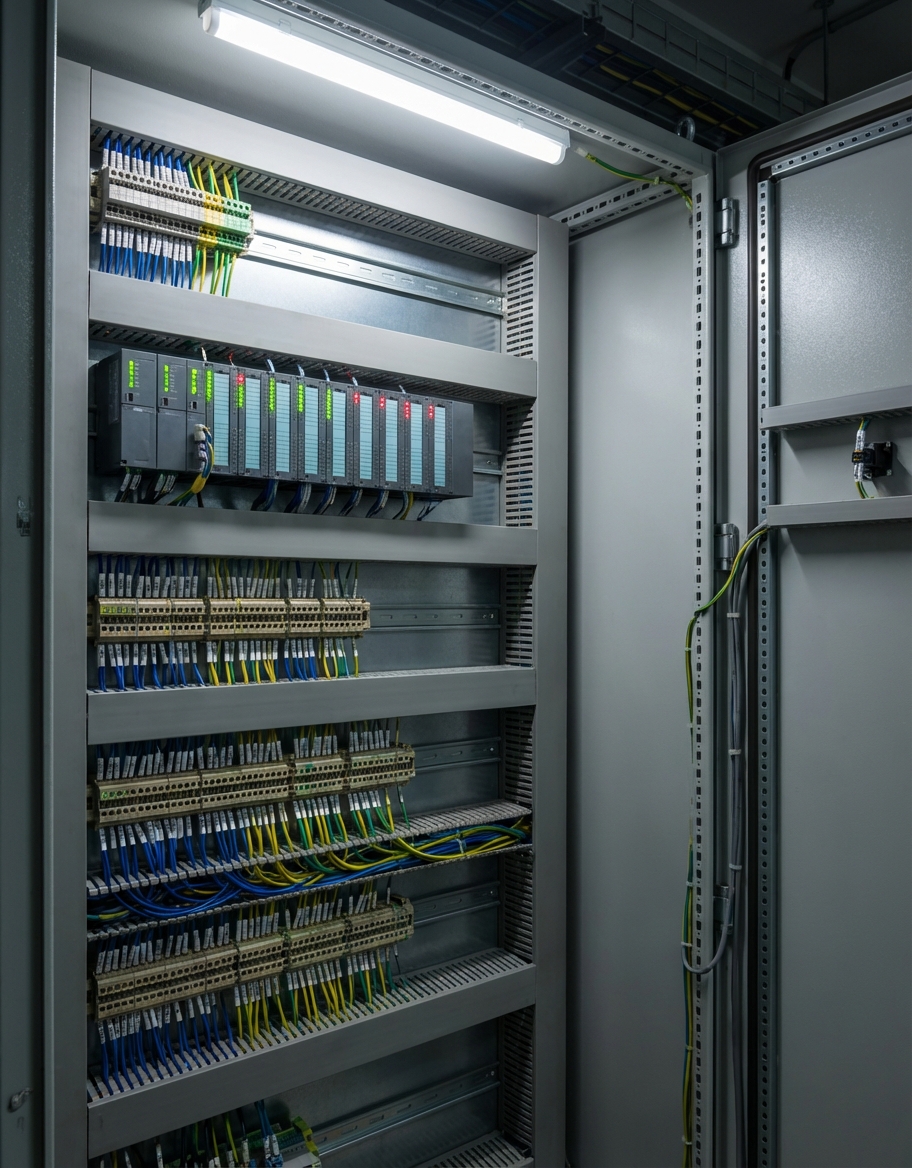 Panel PLC industrial con LEDs de estado y cableado