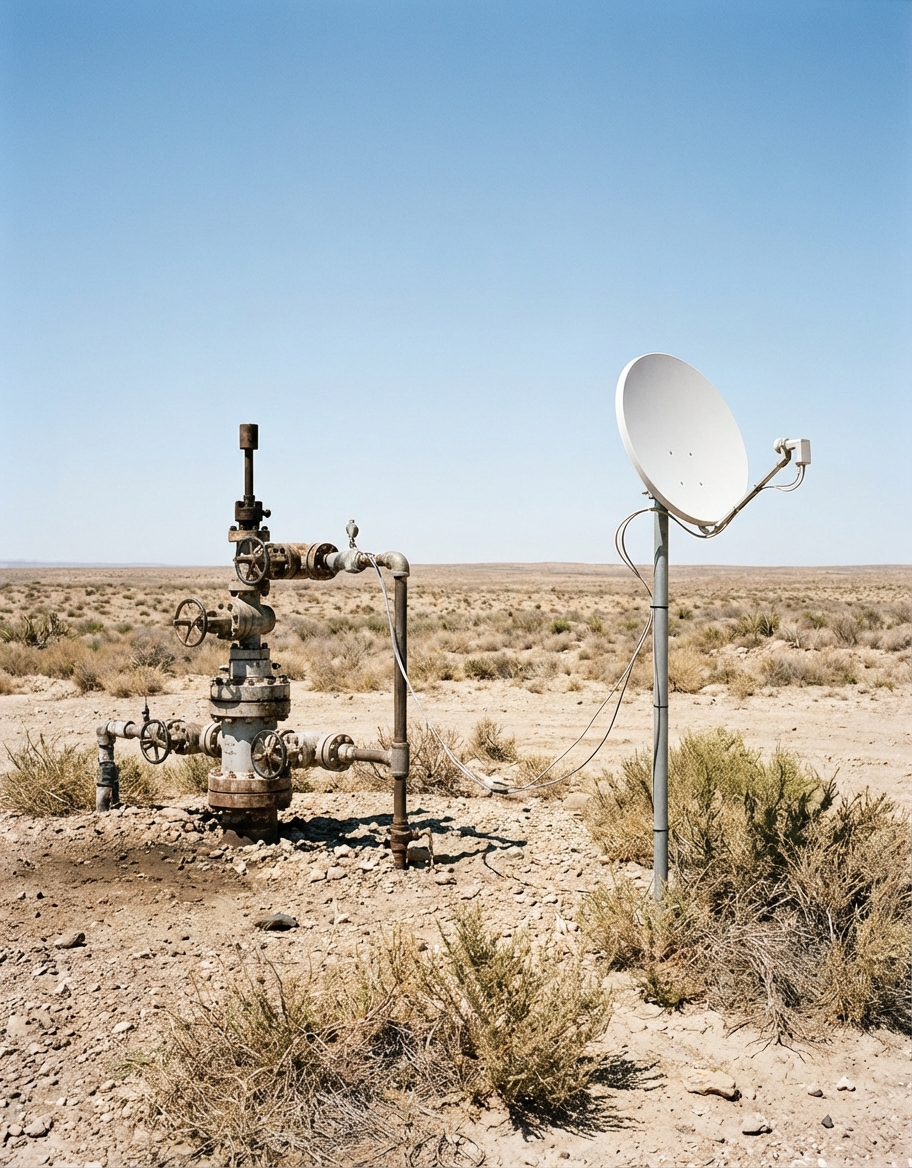 Pozo remoto con antena satelital para transmisión MQTT