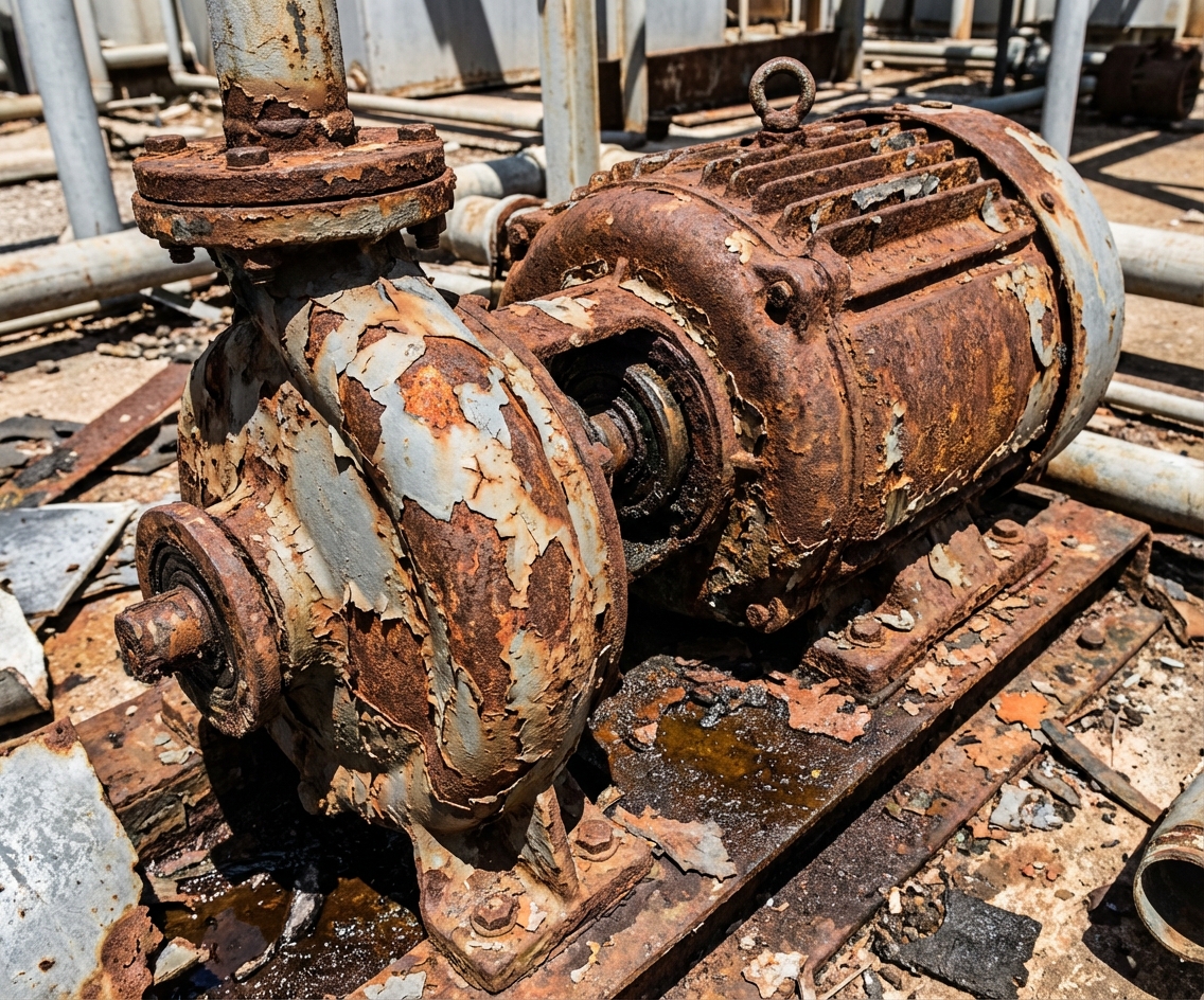 Motor de bomba industrial severamente corroído y degradado